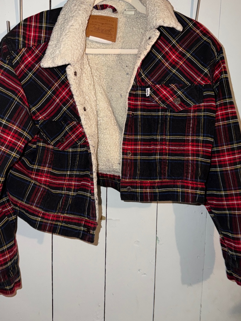 Levi's Women's Black and Red Plaid Sherpa-Lined Jean Jacket